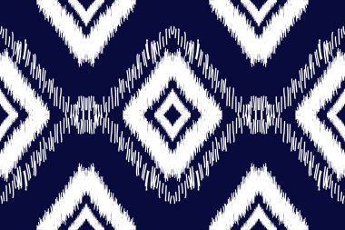 Ikat desensiz desen. Geometrik etnik doğulu dikişsiz desen geleneksel arka plan. Mavi ve beyaz ton. Nakış, soyut, vektör, çizim. Doku, kumaş, baskı için tasarım..
