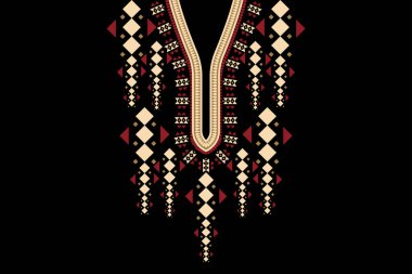 Güzel çiçekli yaka deseni. Geometrik etnik oryantal desen geleneği. Siyah arkaplan, Aztek tarzı, soyut, vektör, illüstrasyon. Doku, kumaş, giysi, moda kadınları için tasarım.