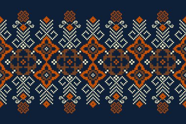 Geometri etnik desen geleneği. Mavi zemin üzerinde güzel örülmüş desen. Soyut, vektör, illüstrasyon. Doku, kumaş, giysi, ambalaj, dekorasyon, halı, iz..