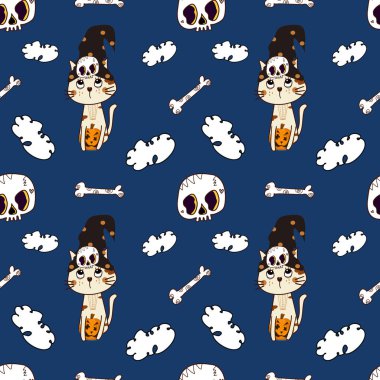 Mavi arkaplanda kedi, kafatası, kemik ve bulutun mükemmel dijital deseni. Mutlu Cadılar Bayramı kavramı. Çizgi film karakteri el çizimi vektör çizimi. Doku, kumaş, giysi, baskı için tasarım.