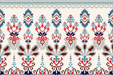 Beyaz zemin üzerinde kırmızı ve mavi çiçeğin güzel kusursuz deseni. Aztec tarzı, vektör çizimi, örgü deseni. Doku, kumaş, giysi, ambalaj, dekorasyon, halı için dizayn. Geometrik etnik desen..