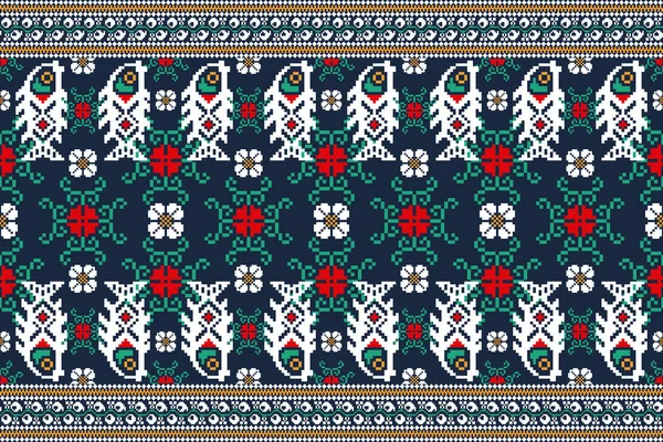 Beautiful Seamless Pattern White Fish Red Flower Blue Background Aztec — Vector de stock