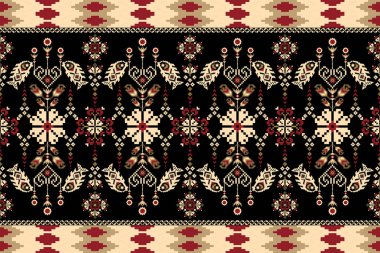 Güzel, pürüzsüz krem çiçeği deseni ve siyah zemin üzerinde balık deseni. Soyut, vektör, illüstrasyon. Doku, kumaş, giysi, ambalaj, dekorasyon, halı, iz için tasarım..