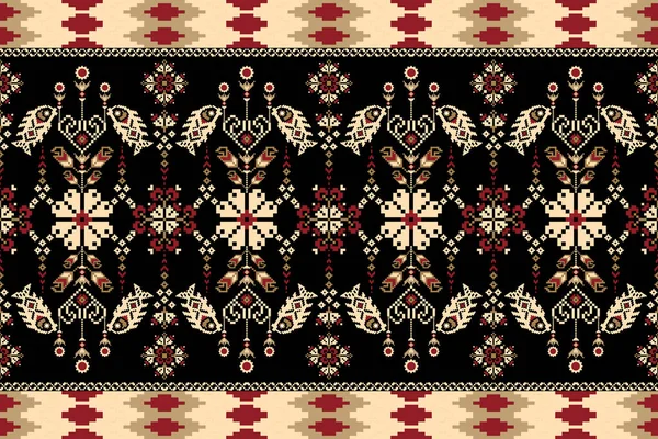 Beautiful Seamless Pattern Cream Flower Fish Black Background Aztec Style — Stockvektor