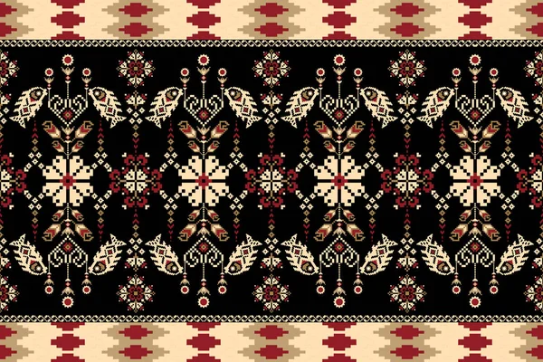 Beautiful Seamless Pattern Cream Flower Fish Black Background Aztec Style — Stok Vektör