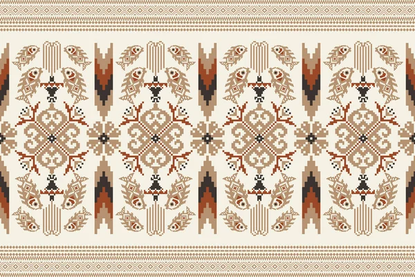 黄花和鱼在奶油背景上的美丽无缝图案 针织无缝图案 阿兹特克风格 地毯的设计 — 图库矢量图片