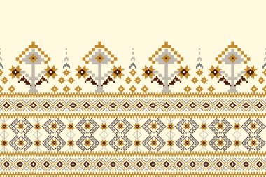Beautiful seamless pattern of yellow and grey flower on cream background.Aztec style,abstract,vector,illustration.design for texture,fabric,clothing,wrapping,decoration,sarong,print.Thai style,knitted clipart