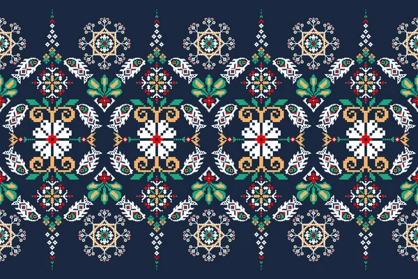 Beautiful Seamless Pattern White Fish Red Flower Blue Background Aztec — Wektor stockowy