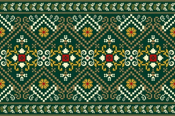 Beautiful Indian White Floral Seamless Pattern Green Background Geometric Ethnic — Wektor stockowy