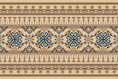 Kahverengi arka planda güzel mavi dikişsiz desen. Geometrik etnik oryantal desen geleneksel, soyut, vektör, çizim. Doku, kumaş, giysi, ambalaj, halı için tasarım.