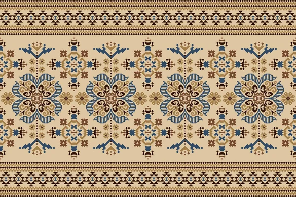 Beautiful Blue Floral Seamless Pattern Brown Background Geometric Ethnic Oriental — Wektor stockowy