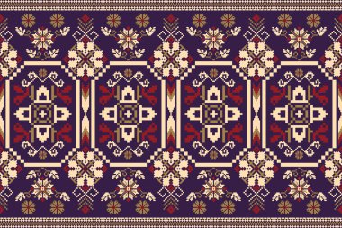 Mor arka planda güzel krem rengi, dikişsiz desen. Geometrik etnik doğu desenli geleneksel, soyut, vektör, illüstrasyon. Doku, kumaş, giysi, ambalaj, halı tasarımı..