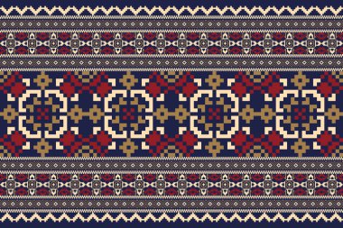 Mavi arka planda güzel krem rengi dikişsiz desen. Geometrik etnik doğu desenli geleneksel, soyut, vektör, illüstrasyon. Doku, kumaş, giysi, ambalaj, halı tasarımı..