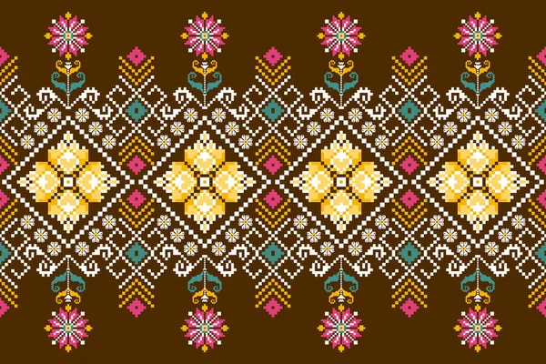 Beautiful Yellow Floral Pattern Brown Background Geometric Ethnic Oriental Pattern — Image vectorielle