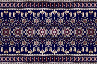 Mavi arka planda güzel krem rengi dikişsiz desen. Geometrik etnik doğu desenli geleneksel, soyut, vektör, illüstrasyon. Doku, kumaş, giysi, ambalaj, halı tasarımı..