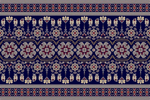 Beautiful Cream Floral Seamless Pattern Blue Background Geometric Ethnic Oriental — Stock vektor