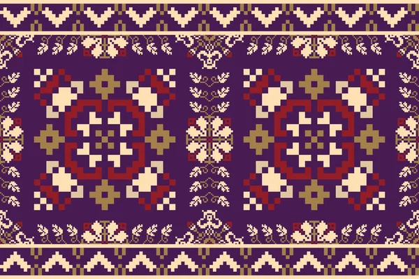 Beautiful Red Floral Seamless Pattern Purple Background Geometric Ethnic Oriental — ストックベクタ