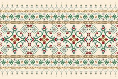 Krem zemin üzerinde güzel, pürüzsüz mavi ve kırmızı çiçek deseni. Kumaş, kumaş, giysi, ambalaj, dekorasyon, halı, baskı için tasarım. Moda kadınları, boho tarzı..