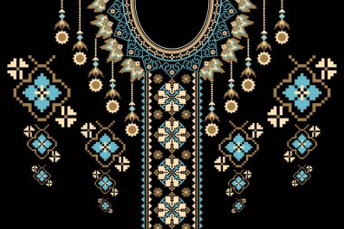 Güzel desenli yaka deseni. Boho yaka, kolye izole edilmiş, boyun tasarımı, boyun süsü. Doku, kumaş, giysi, ambalaj, moda kadını giyimi, dekorasyon. Vektör illüstrasyonu, Aztek tarzı.