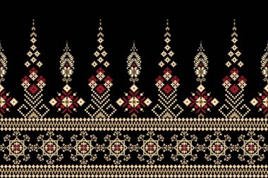 Siyah arkaplanda çiçeksiz güzel desen. Soyut, vektör, illüstrasyon. Doku, kumaş, giysi, ambalaj, dekorasyon, halı, sargı için tasarım. Desen ahır, boho tarzı, soyut..