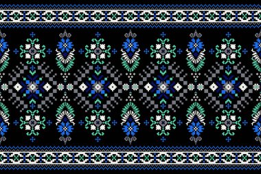 Güzel mavi çiçeksiz desen. Siyah arkaplan. Soyut, vektör illüstrasyonu. Doku, kumaş, giysi, ambalaj, dekorasyon, halı için tasarım..