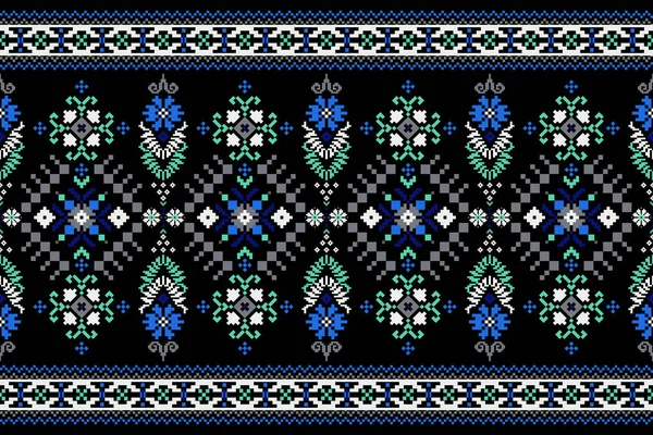 Hermoso Azul Floral Sin Costura Pattern Black Background Aztec Estilo — Vector de stock