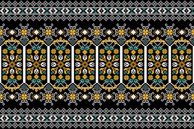 Güzel sarı çiçeksiz desen. Siyah arkaplan. Soyut, vektör, illüstrasyon. Doku, kumaş, giysi, ambalaj, dekorasyon, halı için tasarım..