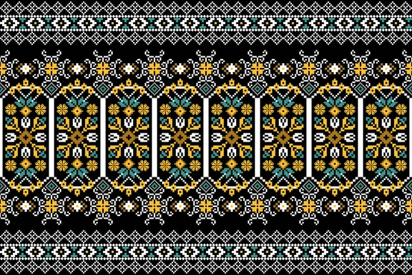 Beautiful Yellow Floral Seamless Pattern Black Background Aztec Style Abstract — стоковый вектор