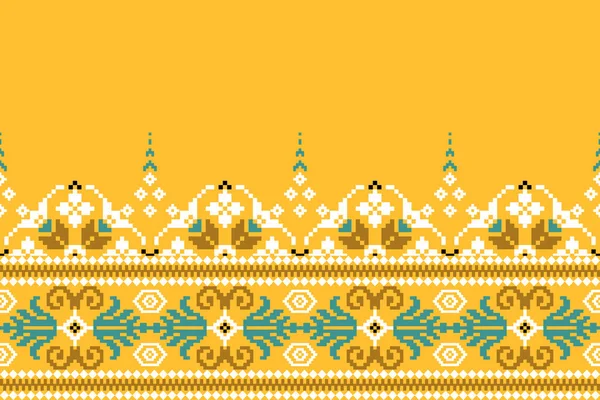 Beautiful Thai Floral Pattern Yellow Background Aztec Style Abstract Vector — Διανυσματικό Αρχείο