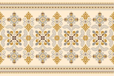 Güzel sarı çiçeksiz desen. Krem arka plan. Soyut, vektör, illüstrasyon. Doku, kumaş, giysi, ambalaj, dekorasyon, halı için tasarım. Geometrik etnik oryantal geleneksel.