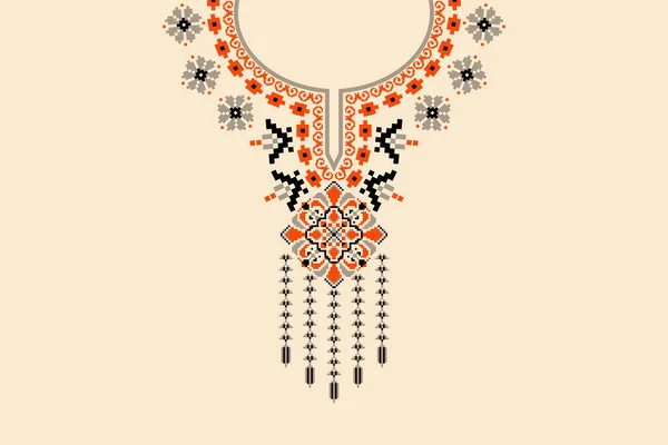 Beautiful Floral Neckline Embroidery Boho Neckline Cream Background Aztec Style — стоковый вектор