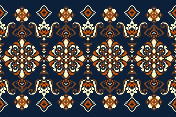 Beautiful Orange Cream Floral Seamless Pattern Blue Background Aztec Style — стоковый вектор