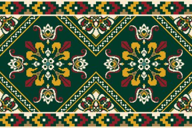 Yeşil zemin üzerinde sarı ve kırmızı çiçeklerin güzel kusursuz deseni. Soyut, vektör, illüstrasyon. Doku, kumaş, giysi, ambalaj, halı için tasarım. Geometrik etnik doğulu desen..