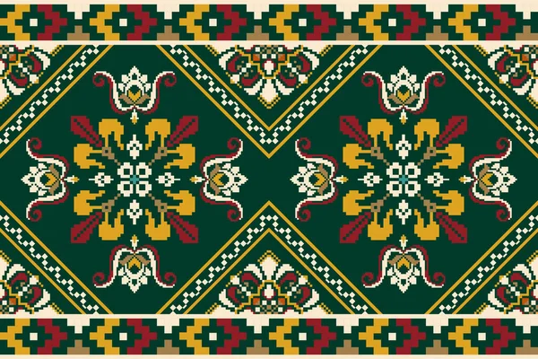 Beautiful Seamless Pattern Yellow Red Floral Green Background Aztec Style — Vetor de Stock