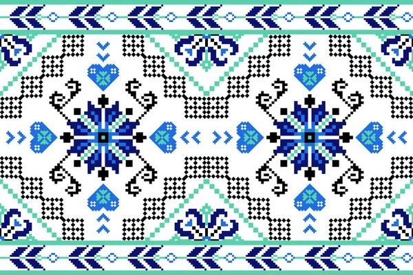 Beautiful Seamless Pattern Blue Floral White Background Aztec Style Abstract — 图库矢量图片