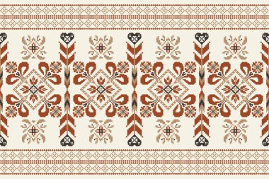 Beyaz zemin üzerinde turuncu ve kahverengi çiçeklerin güzel kusursuz deseni. Soyut, vektör, illüstrasyon. Doku, kumaş, giysi, ambalaj, halı için tasarım. Geometrik etnik doğulu desen..