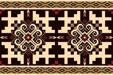 Siyah arkaplan üzerindeki krem çiçeklerinin güzel kusursuz deseni. Soyut, vektör, illüstrasyon. Doku, kumaş, giysi, ambalaj, dekorasyon, halı için tasarım. Geometrik etnik desen..