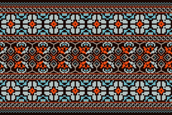 Beautiful Seamless Pattern Blue Orange Floral Black Background Aztec Style — Stockvector