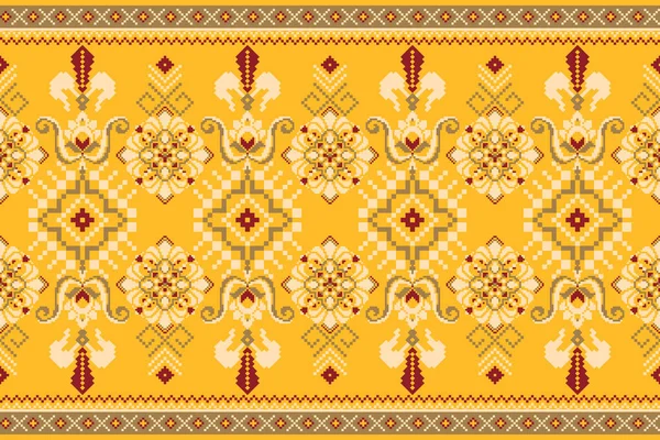 Beautiful Seamless Pattern Cream Red Floral Yellow Background Aztec Style — Wektor stockowy