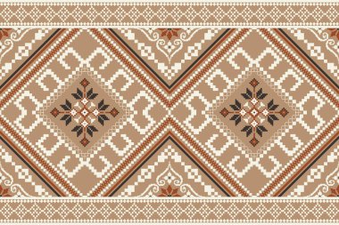 Kahverengi zemin üzerinde geleneksel, çiçeksiz desenli, geometrik etnik desenli, soyut vektör çizimi. Doku, kumaş, giysi, ambalaj, halı, iz için tasarım..