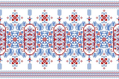 Güzel çapraz dikiş nakışı. Geometrik etnik doğuya özgü dikişsiz geleneksel arka plan. Kırmızı ve mavi. Soyut vektör çizimi. Doku, kumaş, giysi, ambalaj için tasarım.