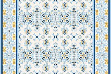 Güzel çiçekli haç nakışı. Geometrik etnik oryantal desen geleneksel arka plan. Doku, kumaş, giysi, ambalaj, dekorasyon, halı, soyut vektör çizimi için tasarım.