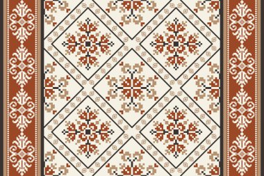 Güzel çiçekli haç nakışı. Geometrik etnik oryantal desen geleneksel arka plan. Doku, kumaş, giysi, ambalaj, dekorasyon, halı, soyut vektör çizimi için tasarım.