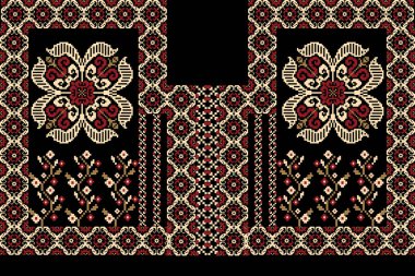 Güzel yaka çiçekli nakış. Siyah zemin üzerinde geleneksel geometrik etnik desen. Soyut vektör çizimi. Doku, kumaş, moda kadınları için tasarım, dekorasyon, baskı.