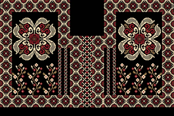 Güzel yaka çiçekli nakış. Siyah zemin üzerinde geleneksel geometrik etnik desen. Soyut vektör çizimi. Doku, kumaş, moda kadınları için tasarım, dekorasyon, baskı.