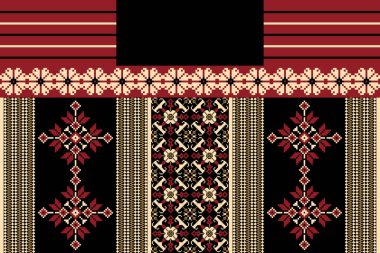 Güzel yaka çiçekli nakış. Siyah zemin üzerinde geleneksel geometrik etnik desen. Soyut vektör çizimi. Doku, kumaş, moda kadınları için tasarım, dekorasyon, baskı.