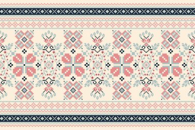 Beautiful floral cross stitch embroidery.geometric ethnic oriental pattern traditional.Aztec style abstract vector illustration.design for texture,fabric,clothing,wrapping,decoration,carpet.boho style