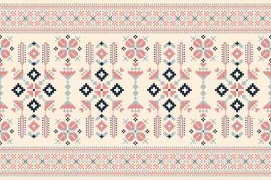 Beautiful floral cross stitch embroidery.geometric ethnic oriental pattern traditional.Aztec style abstract vector illustration.design for texture,fabric,clothing,wrapping,decoration,carpet.boho style