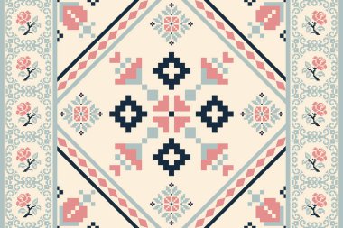 Beautiful floral cross stitch embroidery.geometric ethnic oriental pattern traditional.Aztec style abstract vector illustration.design for texture,fabric,clothing,wrapping,decoration,carpet.boho style