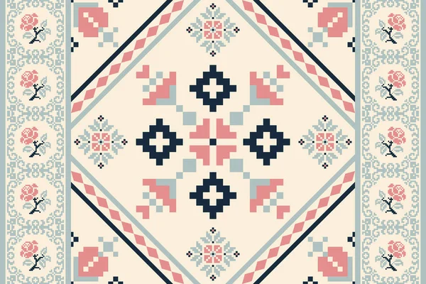 Beautiful floral cross stitch embroidery.geometric ethnic oriental pattern traditional.Aztec style abstract vector illustration.design for texture,fabric,clothing,wrapping,decoration,carpet.boho style